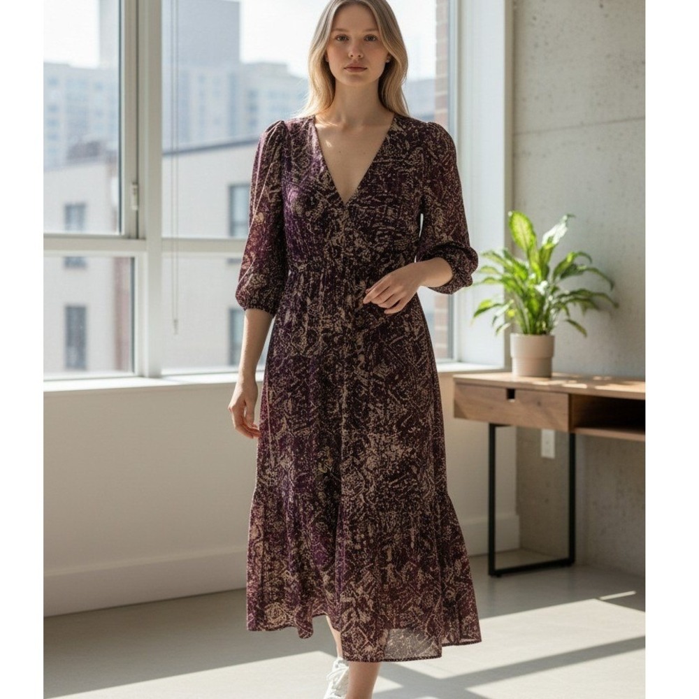 DKNY Dress Sz 10 Purple Midi Snakeskin V-Neck Puff Sleeve Tiered Belted Boho